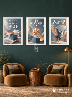 Room for Wonder — set of three complementary quotes artworks in White frames, shown at 50×70 cm each.