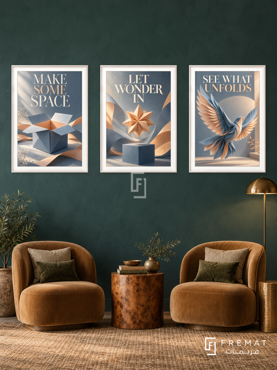 Room for Wonder — set of three complementary quotes artworks in White frames, shown at 50×70 cm each.
