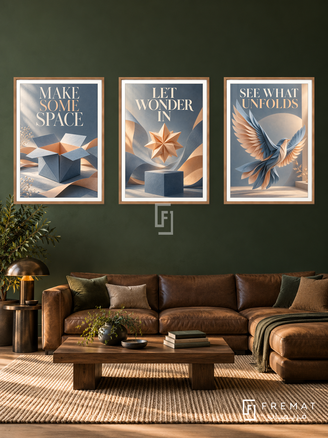 Room for Wonder — set of three complementary quotes artworks in Wooden Texture frames, shown at 50×70 cm each.