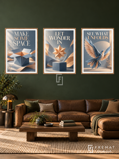 Room for Wonder — set of three complementary quotes artworks in Wooden Texture frames, shown at 50×70 cm each.