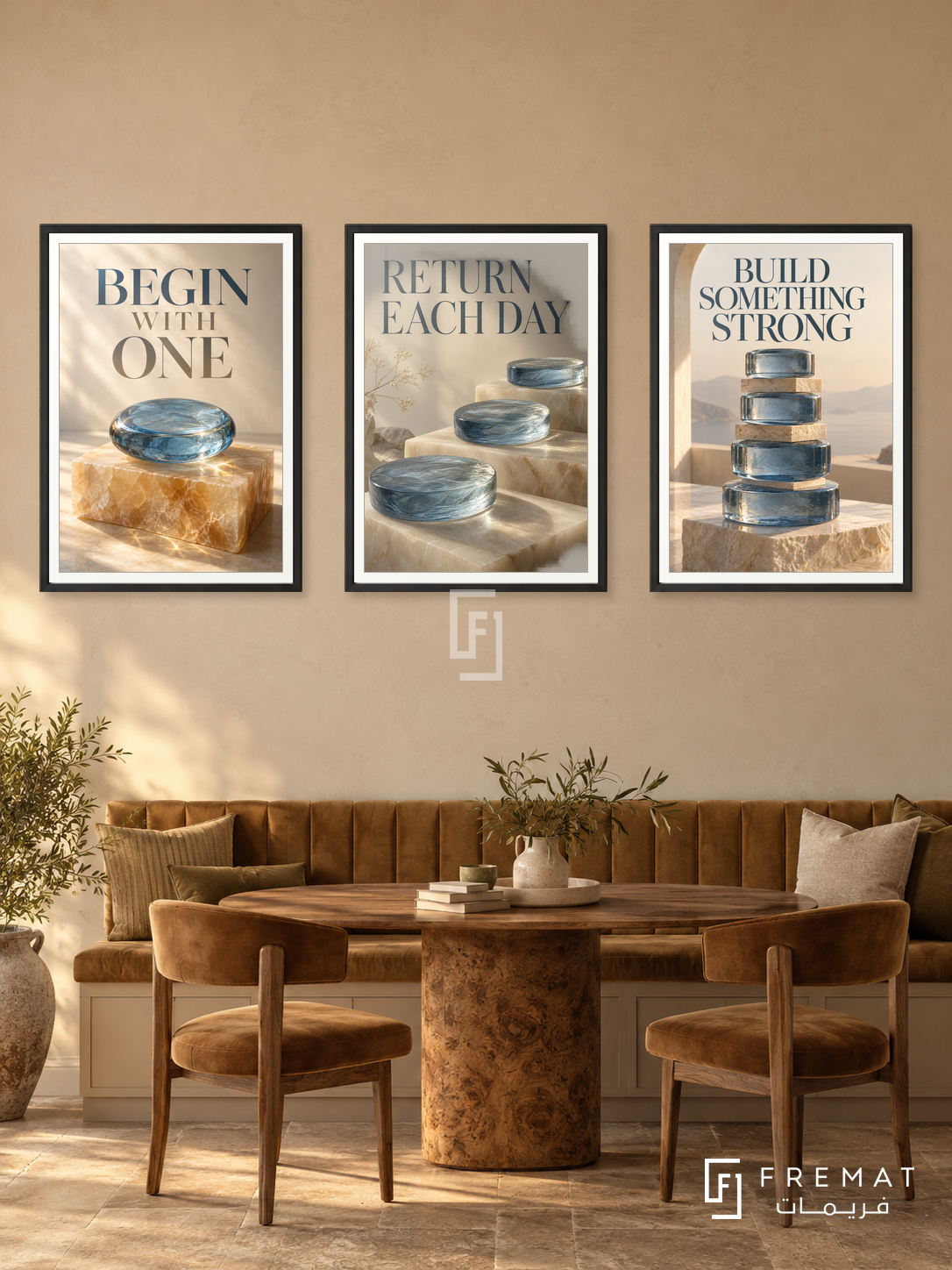 Small Daily Practice — set of three complementary quotes artworks in Black frames, shown at 50×70 cm each.