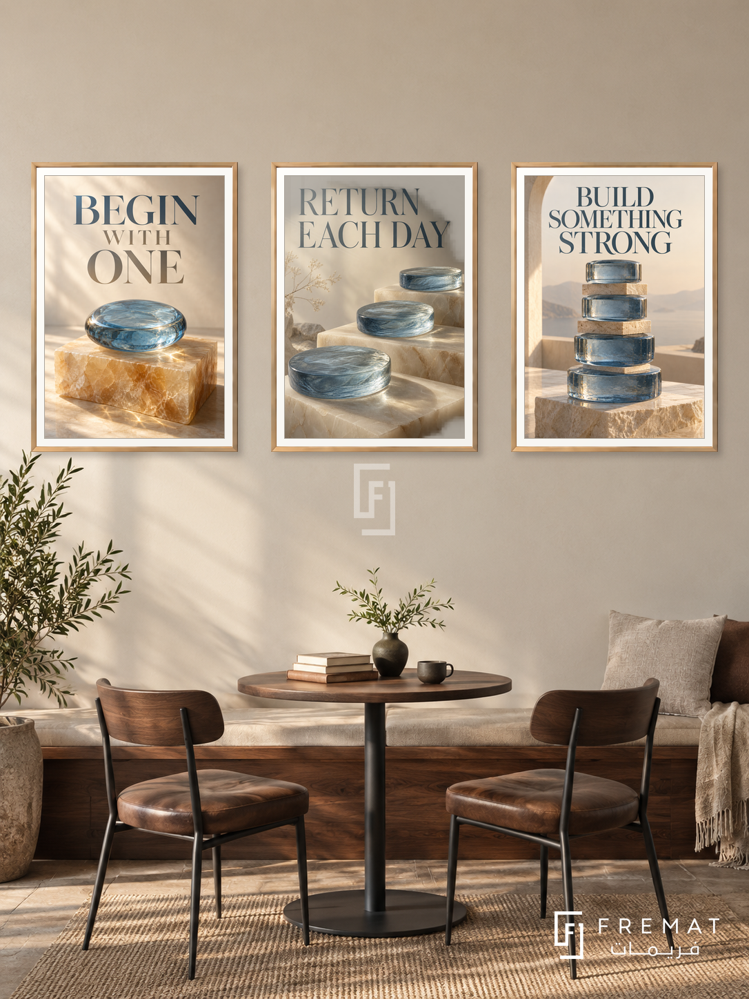 Small Daily Practice — set of three complementary quotes artworks in Gold frames, shown at 50×70 cm each.