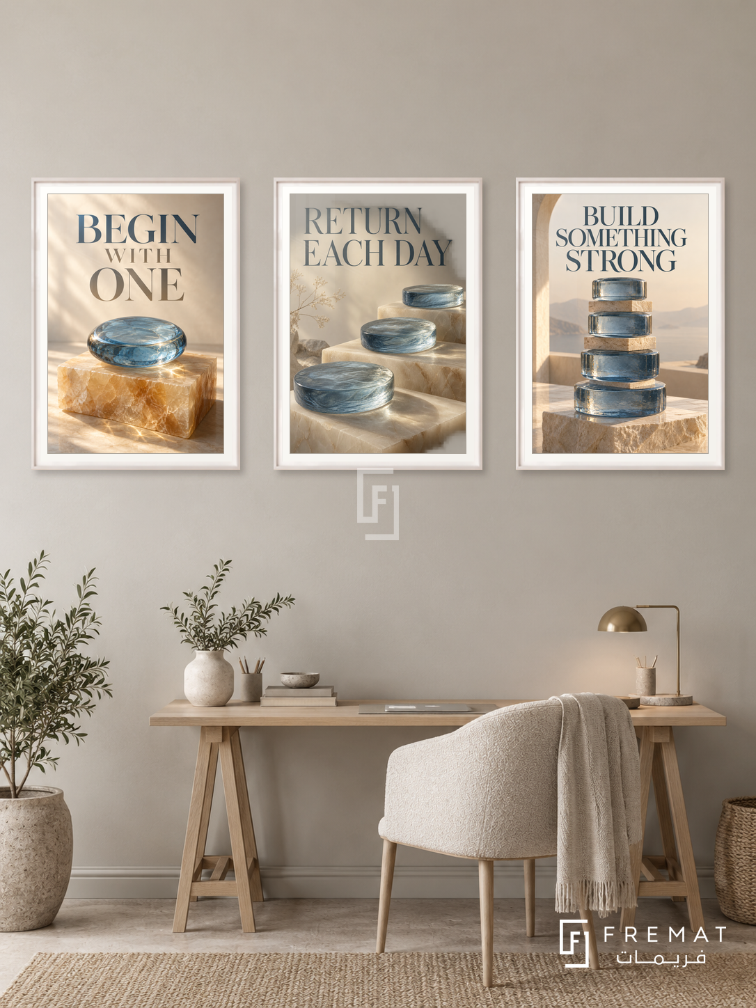 Small Daily Practice — set of three complementary quotes artworks in White frames, shown at 50×70 cm each.