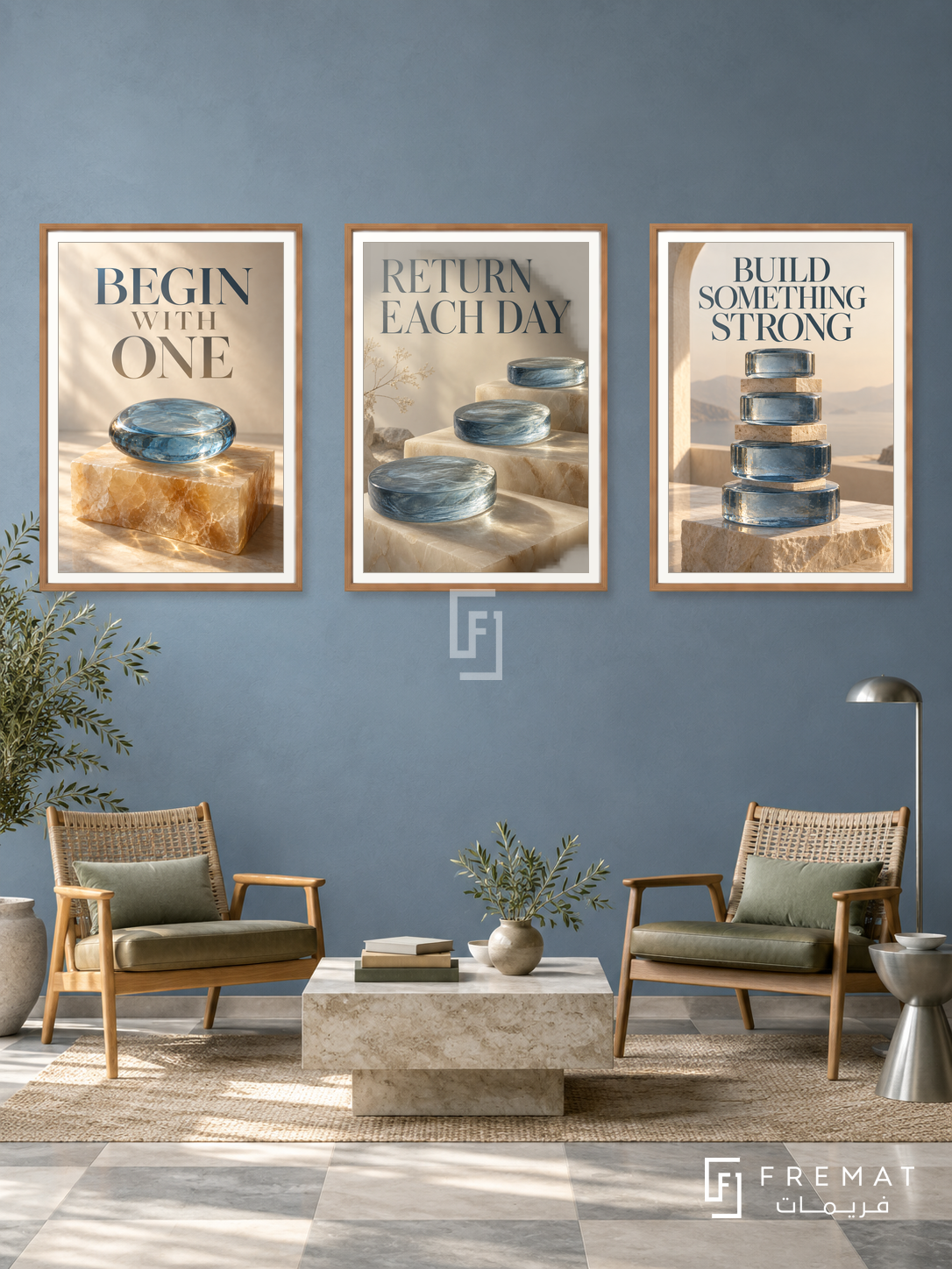 Small Daily Practice — set of three complementary quotes artworks in Wooden Texture frames, shown at 50×70 cm each.
