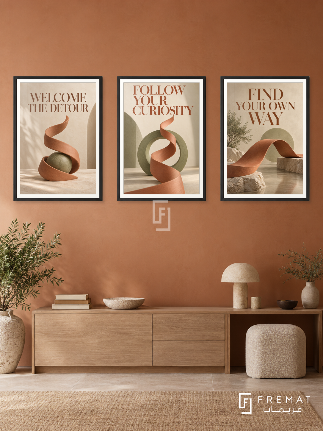 The Unexpected Route — set of three complementary quotes artworks in Black frames, shown at 50×70 cm each.