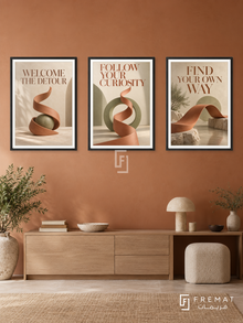 The Unexpected Route — set of three complementary quotes artworks in Black frames, shown at 50×70 cm each.