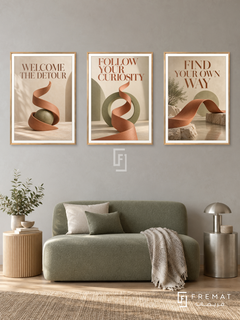 The Unexpected Route — set of three complementary quotes artworks in Gold frames, shown at 50×70 cm each.