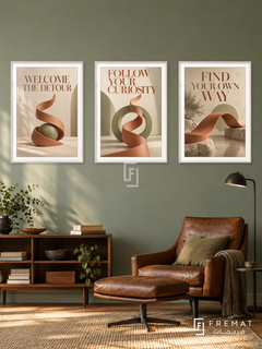 The Unexpected Route — set of three complementary quotes artworks in White frames, shown at 50×70 cm each.