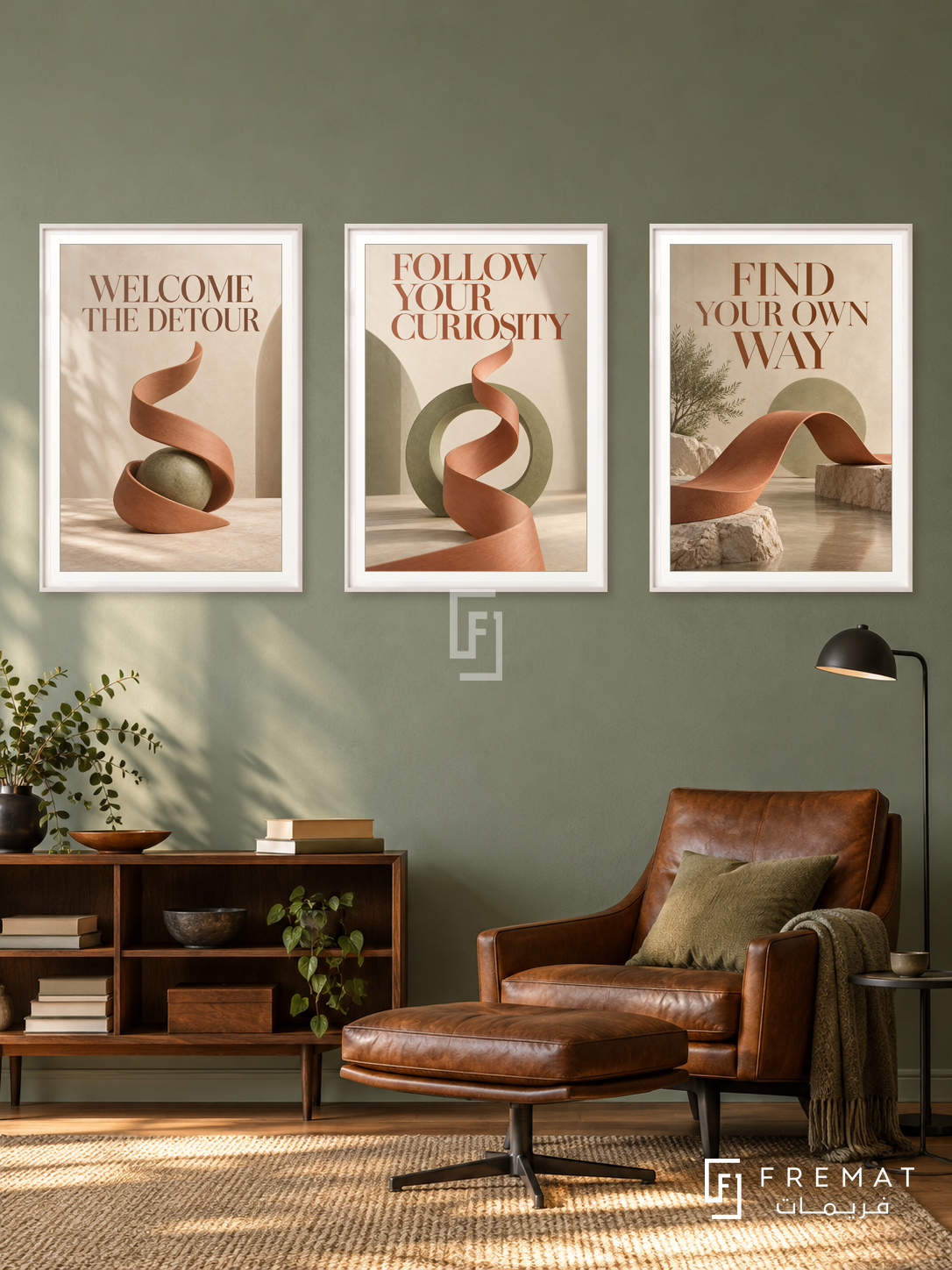 The Unexpected Route — set of three complementary quotes artworks in White frames, shown at 50×70 cm each.