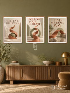 The Unexpected Route — set of three complementary quotes artworks in Wooden Texture frames, shown at 50×70 cm each.
