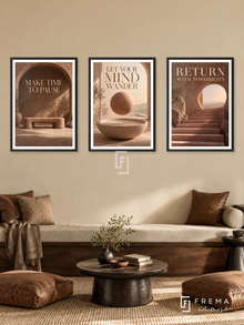 The Art of Rest — set of three complementary quotes artworks in Black frames, shown at 50×70 cm each.