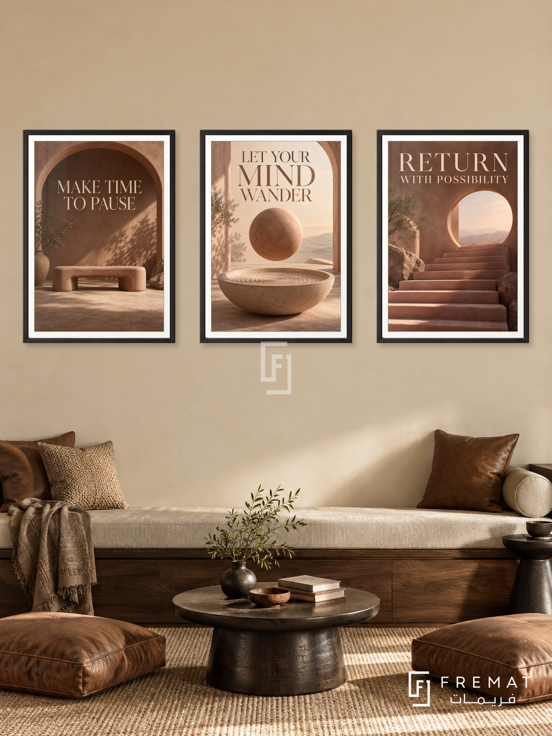 The Art of Rest — set of three complementary quotes artworks in Black frames, shown at 50×70 cm each.
