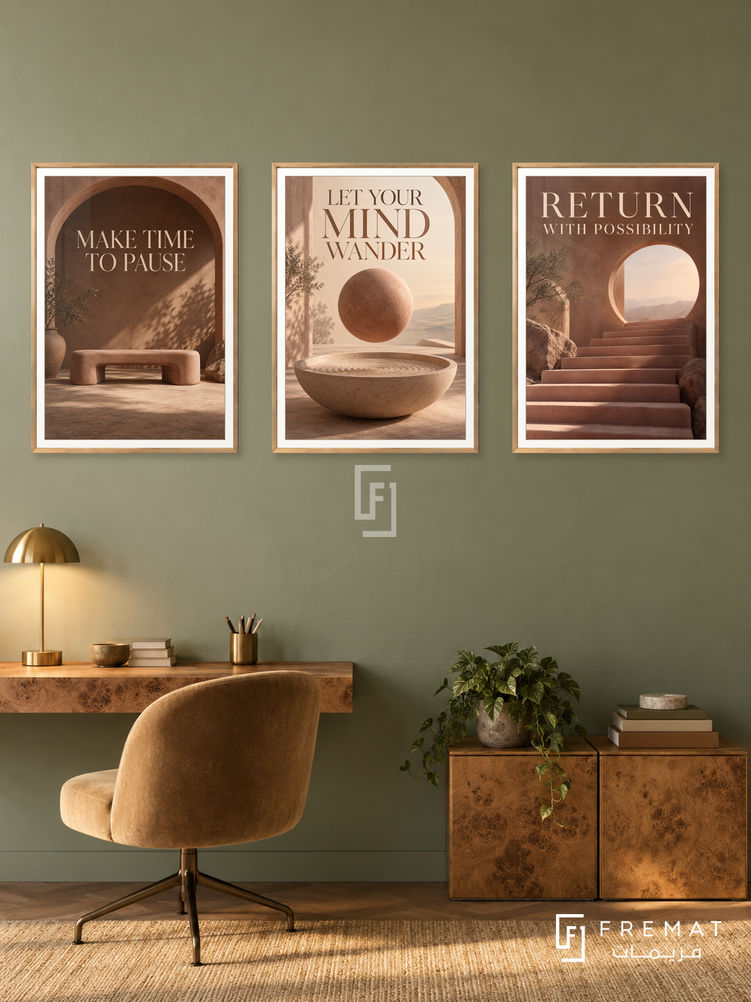 The Art of Rest — set of three complementary quotes artworks in Gold frames, shown at 50×70 cm each.