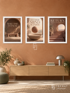 The Art of Rest — set of three complementary quotes artworks in White frames, shown at 50×70 cm each.