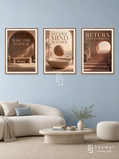 The Art of Rest — set of three complementary quotes artworks in Wooden Texture frames, shown at 50×70 cm each.