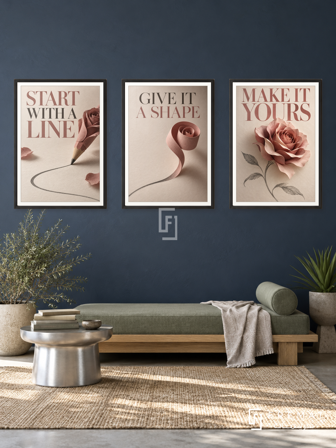 From Line to Form — set of three complementary quotes artworks in Black frames, shown at 50×70 cm each.
