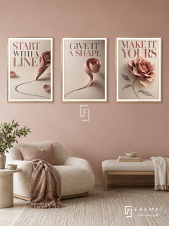 From Line to Form — set of three complementary quotes artworks in Gold frames, shown at 50×70 cm each.