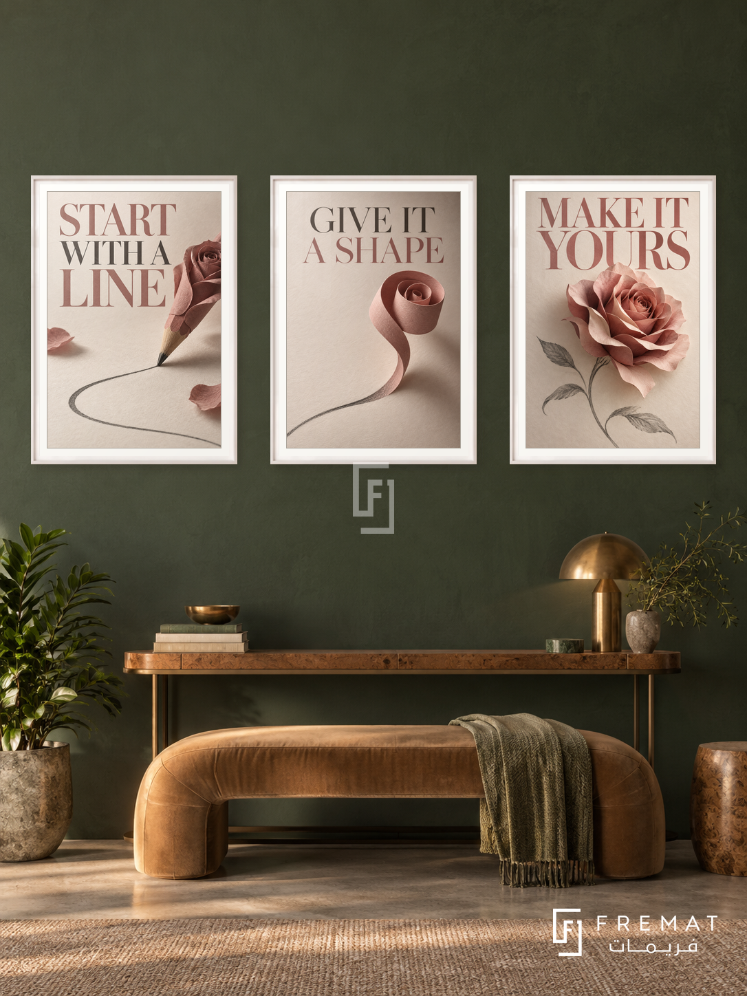 From Line to Form — set of three complementary quotes artworks in White frames, shown at 50×70 cm each.
