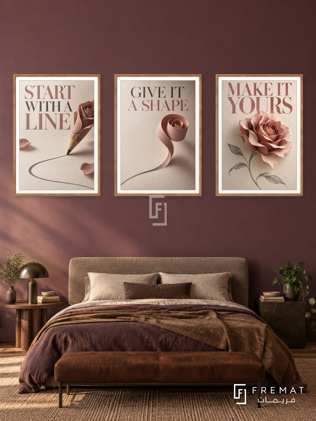 From Line to Form — set of three complementary quotes artworks in Wooden Texture frames, shown at 50×70 cm each.