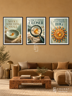 A Closer Look — set of three complementary quotes artworks in Black frames, shown at 50×70 cm each.