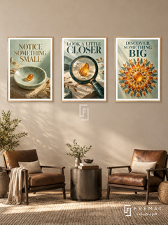 A Closer Look — set of three complementary quotes artworks in Gold frames, shown at 50×70 cm each.