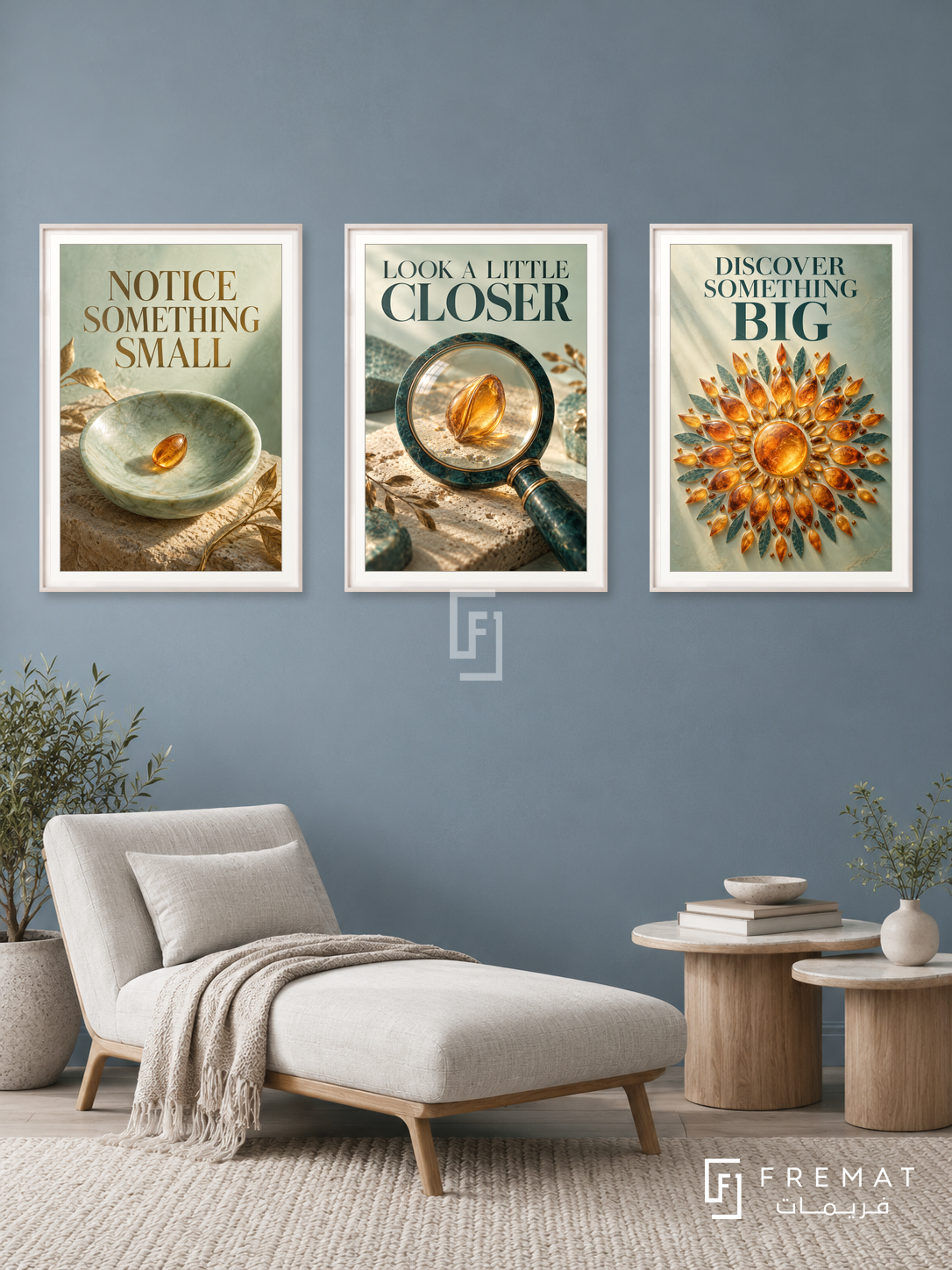 A Closer Look — set of three complementary quotes artworks in White frames, shown at 50×70 cm each.