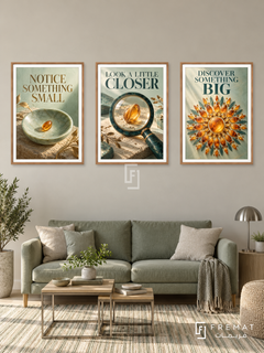 A Closer Look — set of three complementary quotes artworks in Wooden Texture frames, shown at 50×70 cm each.