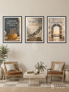 Built with Intention — set of three complementary quotes artworks in Black frames, shown at 50×70 cm each.