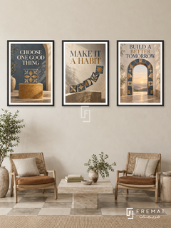 Built with Intention — set of three complementary quotes artworks in Black frames, shown at 50×70 cm each.