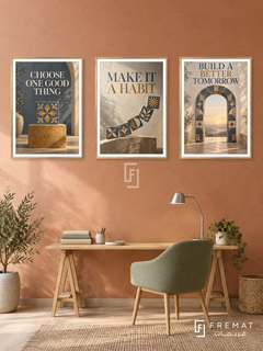 Built with Intention — set of three complementary quotes artworks in Gold frames, shown at 50×70 cm each.
