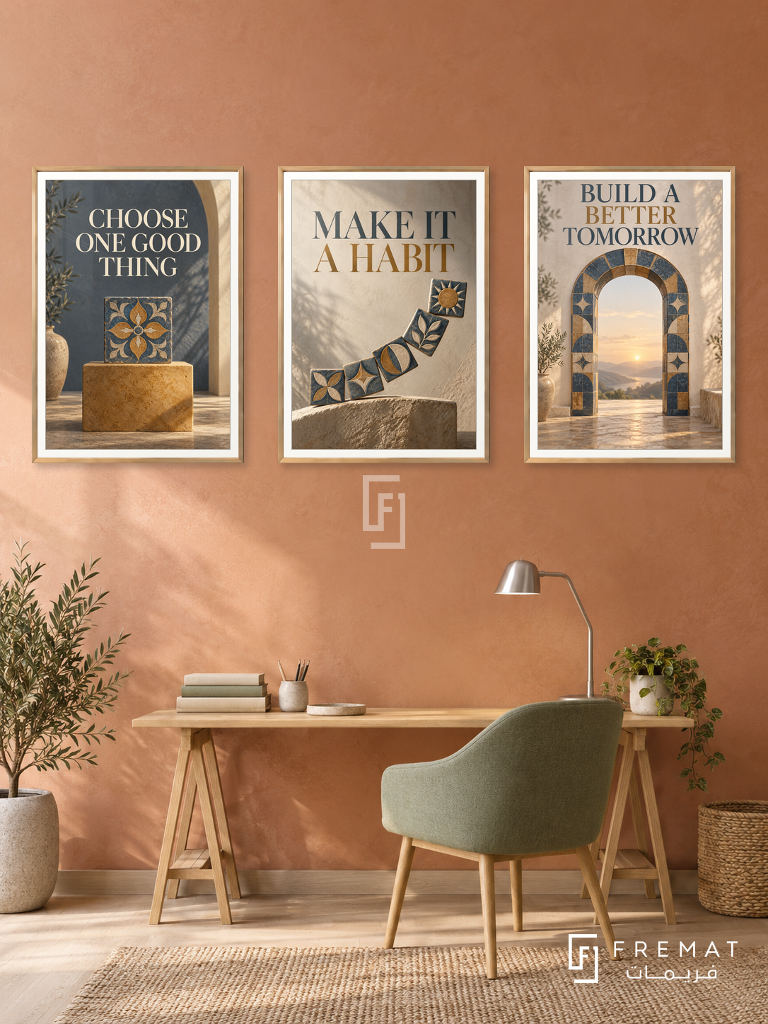 Built with Intention — set of three complementary quotes artworks in Gold frames, shown at 50×70 cm each.