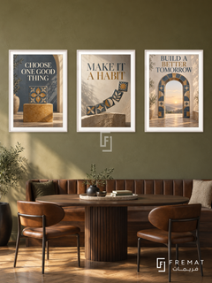 Built with Intention — set of three complementary quotes artworks in White frames, shown at 50×70 cm each.