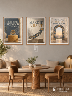 Built with Intention — set of three complementary quotes artworks in Wooden Texture frames, shown at 50×70 cm each.