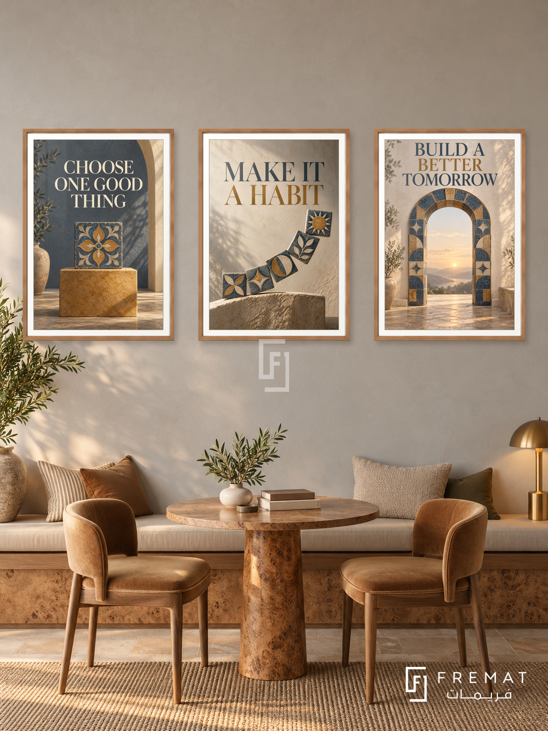 Built with Intention — set of three complementary quotes artworks in Wooden Texture frames, shown at 50×70 cm each.