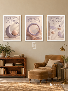 Room for Both — set of three complementary quotes artworks in Gold frames, shown at 50×70 cm each.