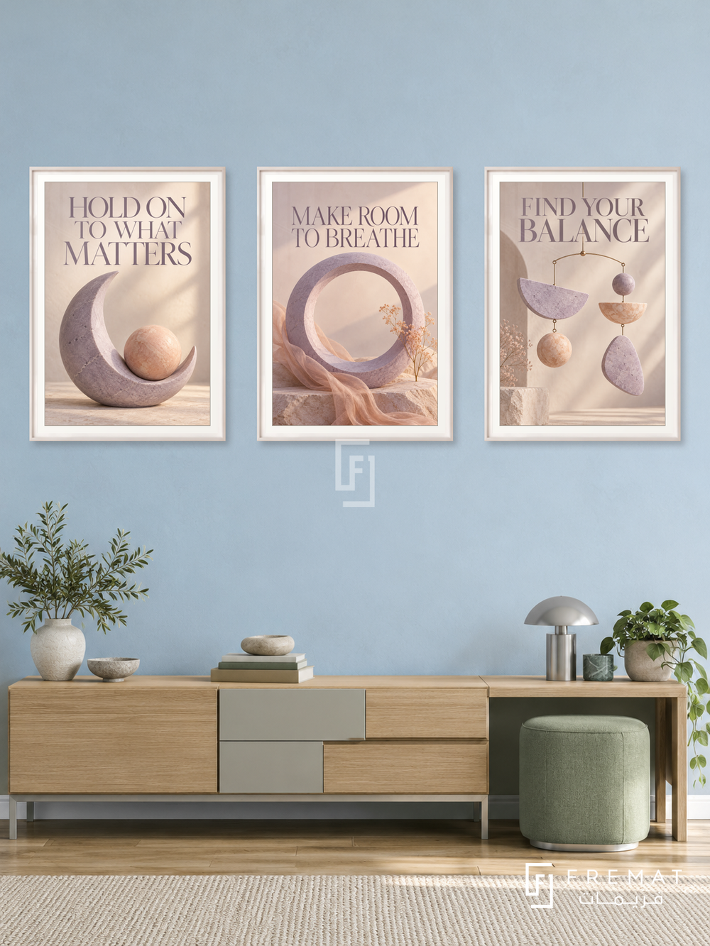 Room for Both — set of three complementary quotes artworks in White frames, shown at 50×70 cm each.
