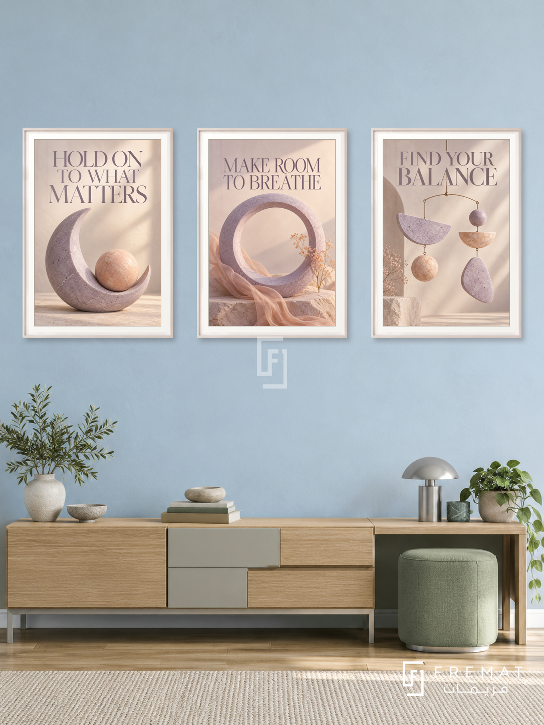Room for Both — set of three complementary quotes artworks in White frames, shown at 50×70 cm each.