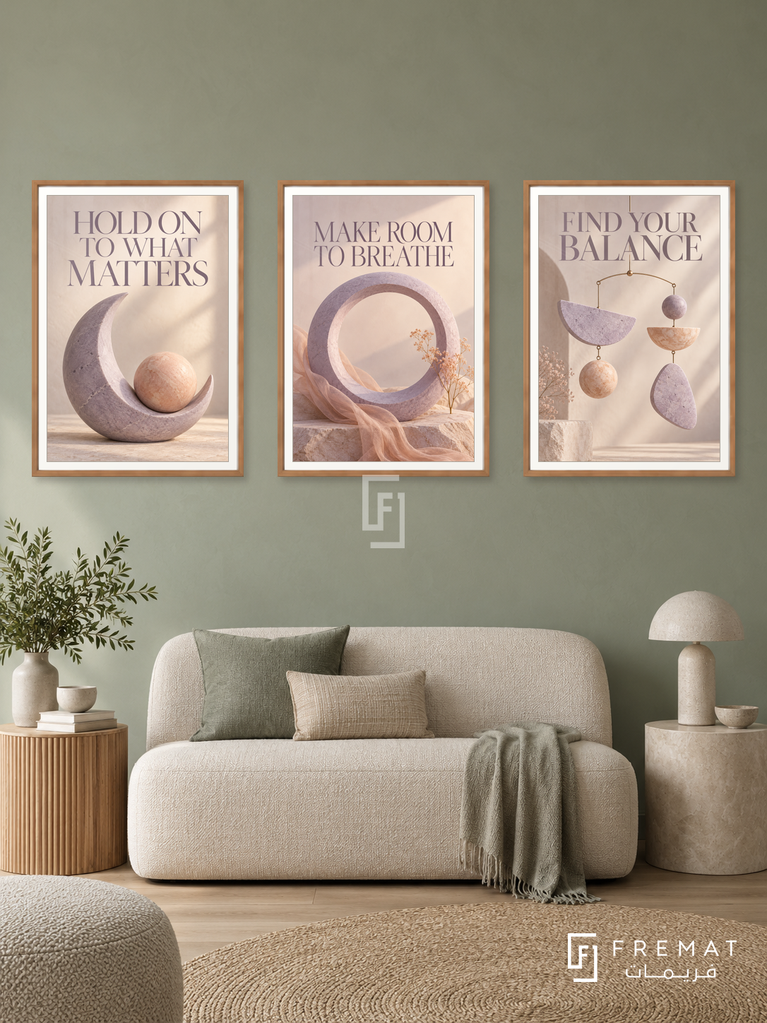 Room for Both — set of three complementary quotes artworks in Wooden Texture frames, shown at 50×70 cm each.