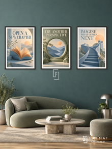 Beyond the Familiar — set of three complementary quotes artworks in Black frames, shown at 50×70 cm each.