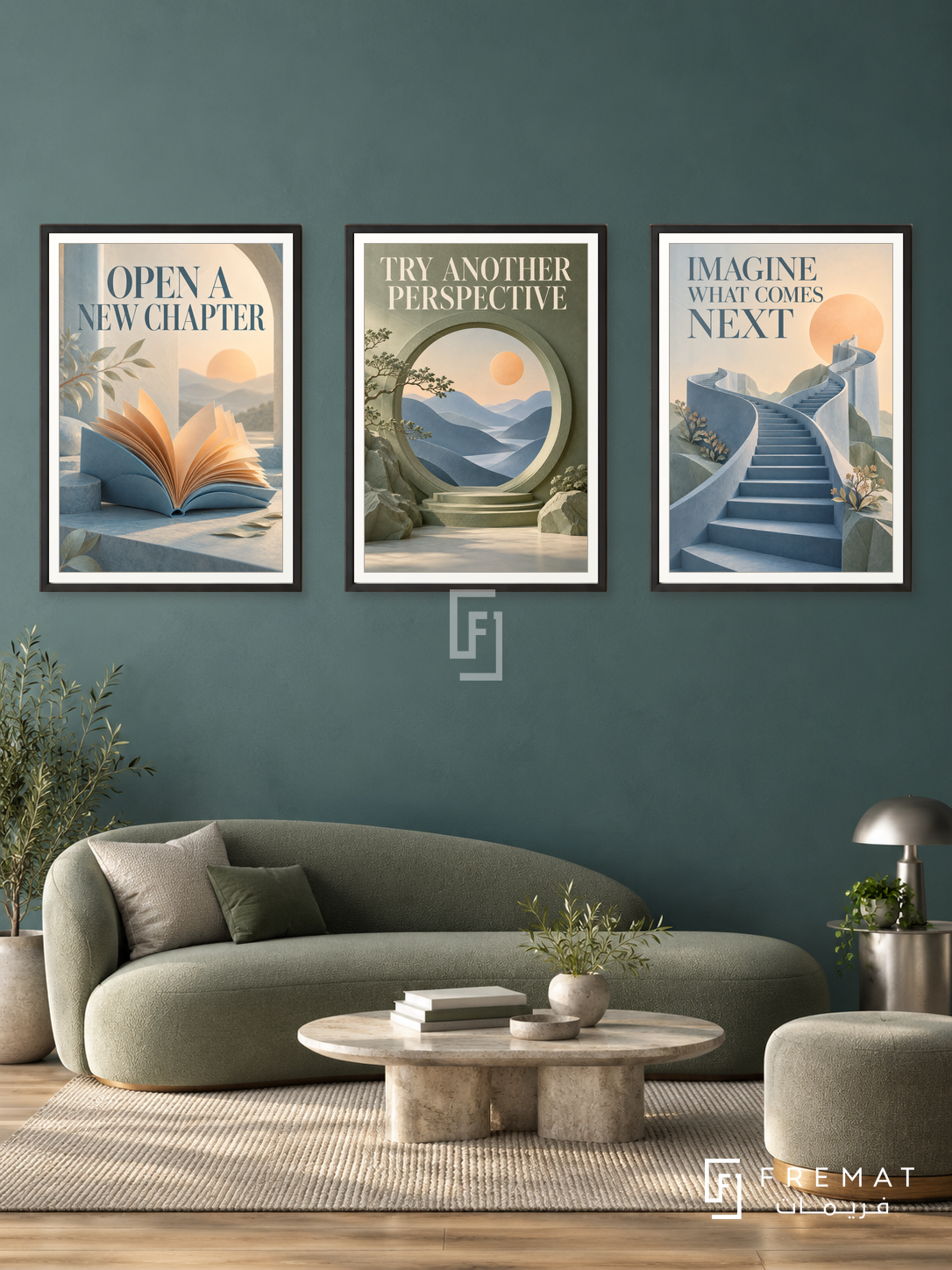 Beyond the Familiar — set of three complementary quotes artworks in Black frames, shown at 50×70 cm each.