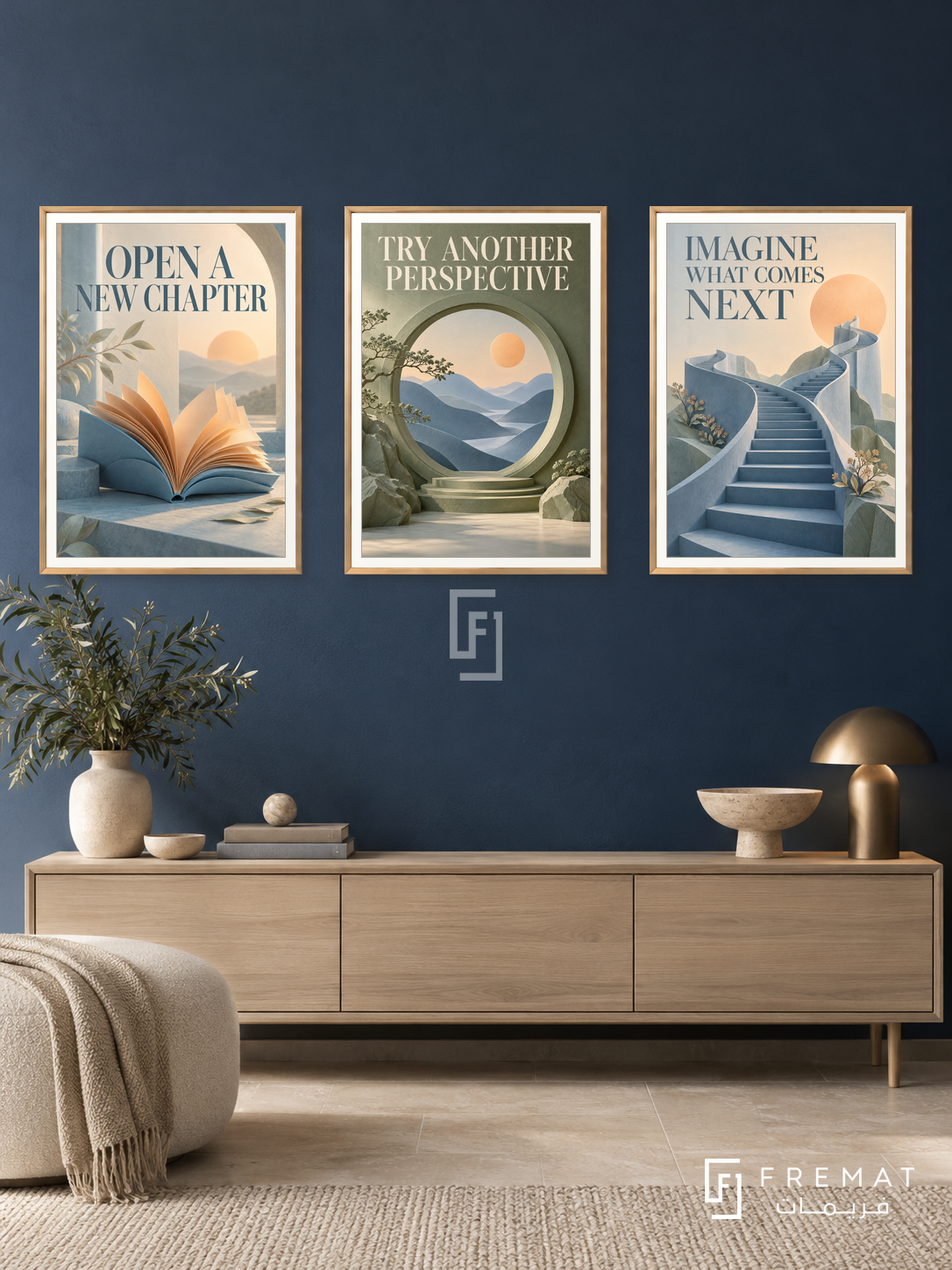 Beyond the Familiar — set of three complementary quotes artworks in Gold frames, shown at 50×70 cm each.