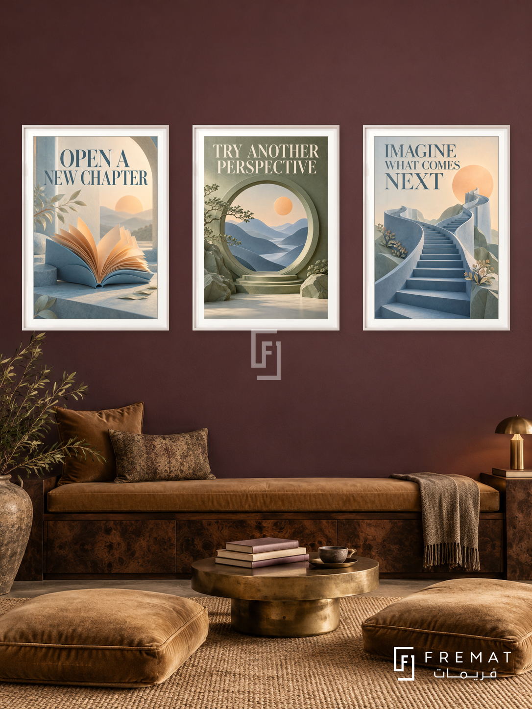 Beyond the Familiar — set of three complementary quotes artworks in White frames, shown at 50×70 cm each.
