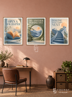 Beyond the Familiar — set of three complementary quotes artworks in Wooden Texture frames, shown at 50×70 cm each.