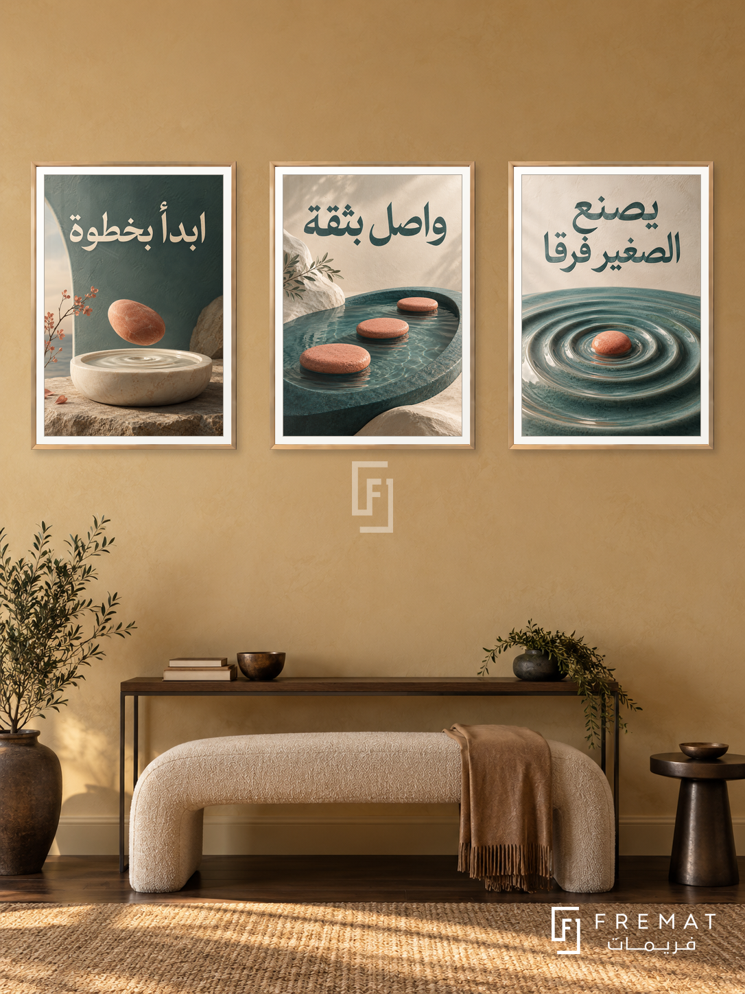 The First Step — set of three complementary quotes artworks in Gold frames, shown at 50×70 cm each.