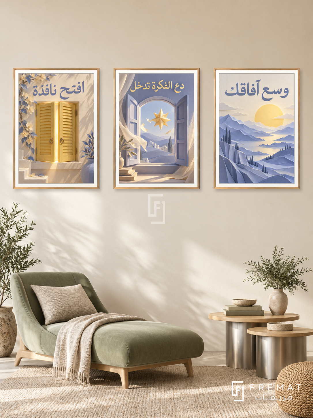 Let the Idea In — set of three complementary quotes artworks in Gold frames, shown at 50×70 cm each.