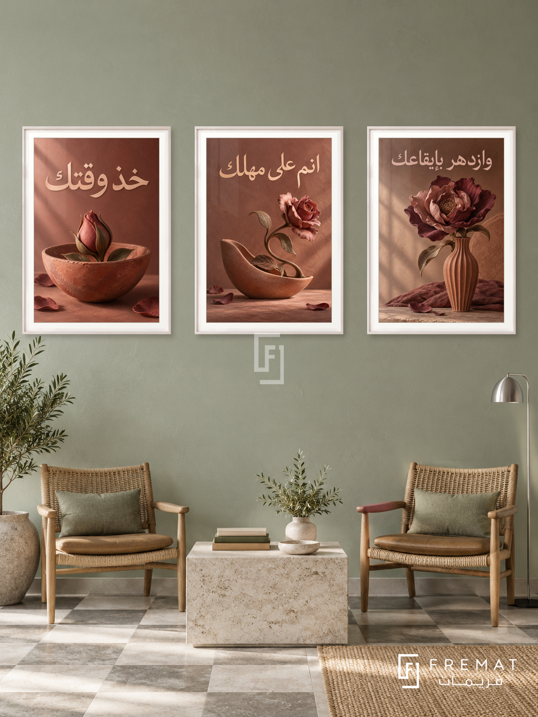 Your Own Rhythm — set of three complementary quotes artworks in White frames, shown at 50×70 cm each.