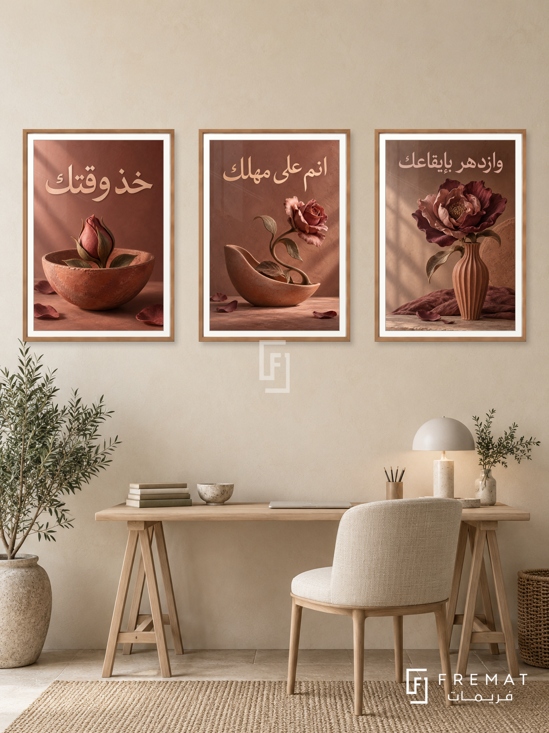 Your Own Rhythm — set of three complementary quotes artworks in Wooden Texture frames, shown at 50×70 cm each.