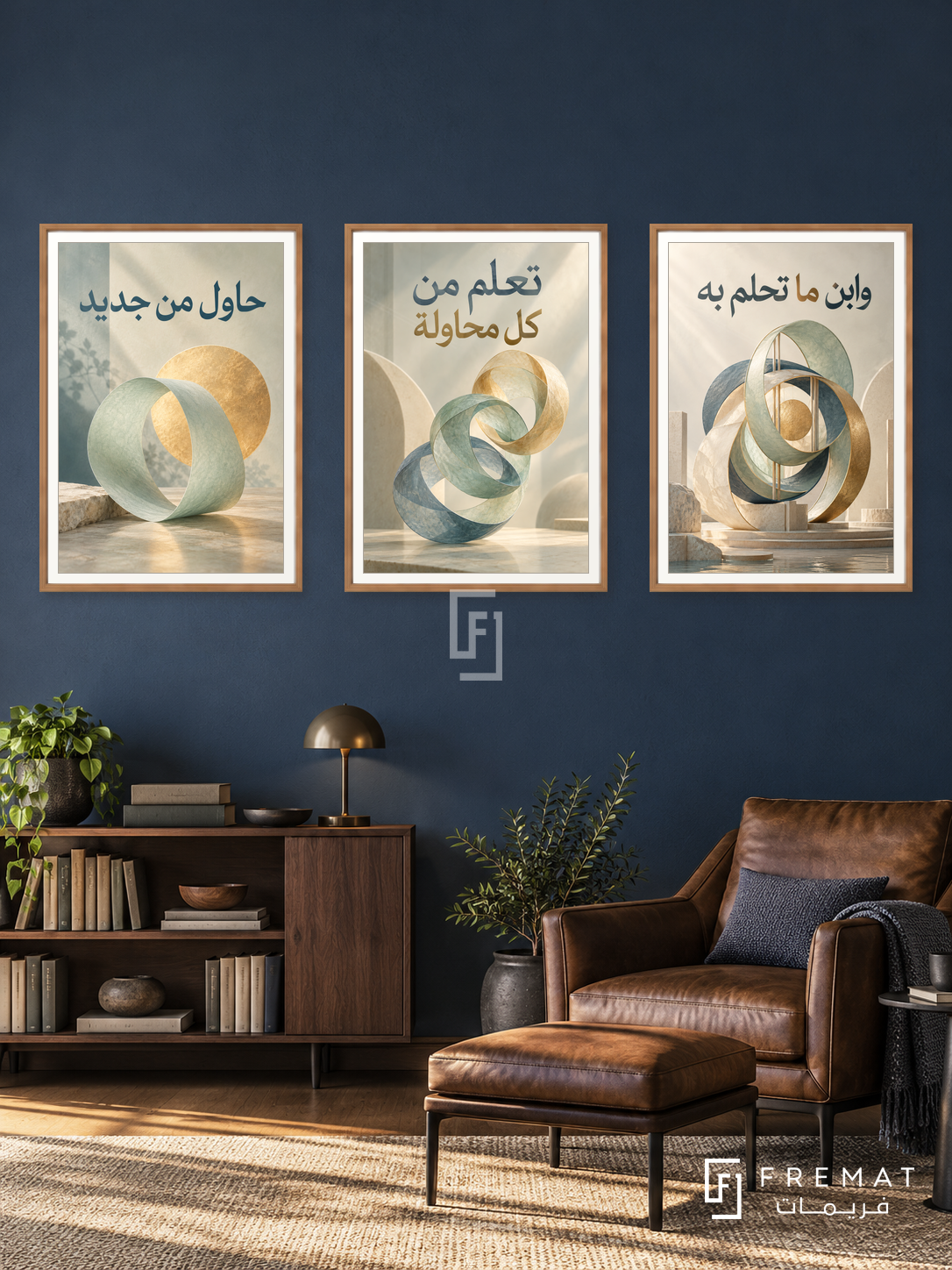 Try Again — set of three complementary quotes artworks in Wooden Texture frames, shown at 50×70 cm each.