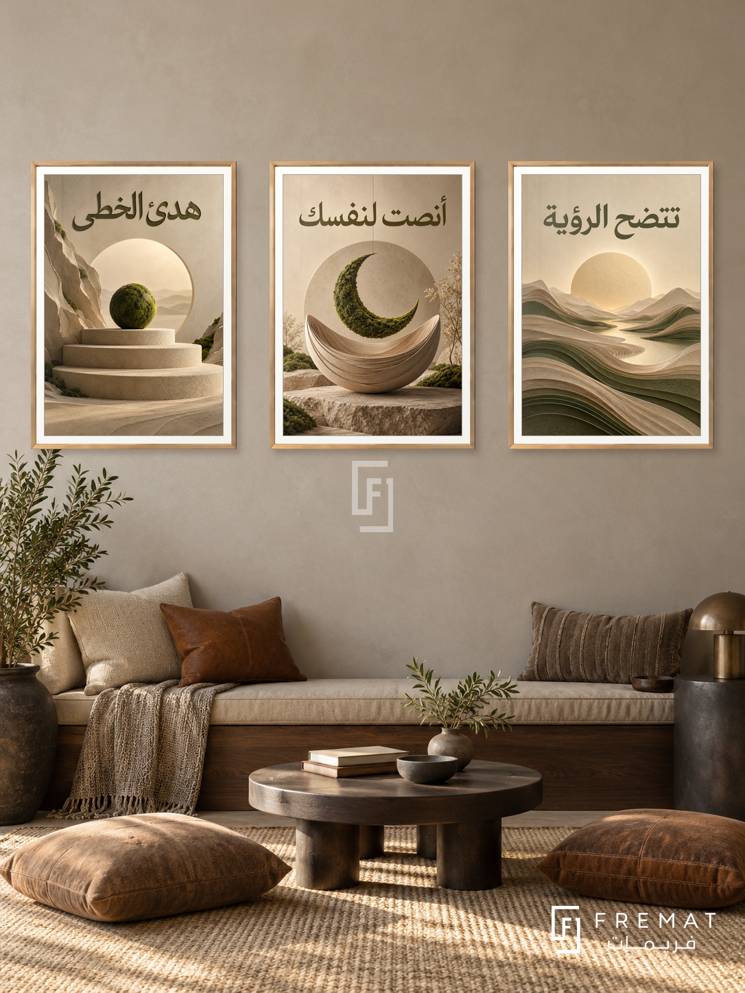Space Within — set of three complementary quotes artworks in Gold frames, shown at 50×70 cm each.