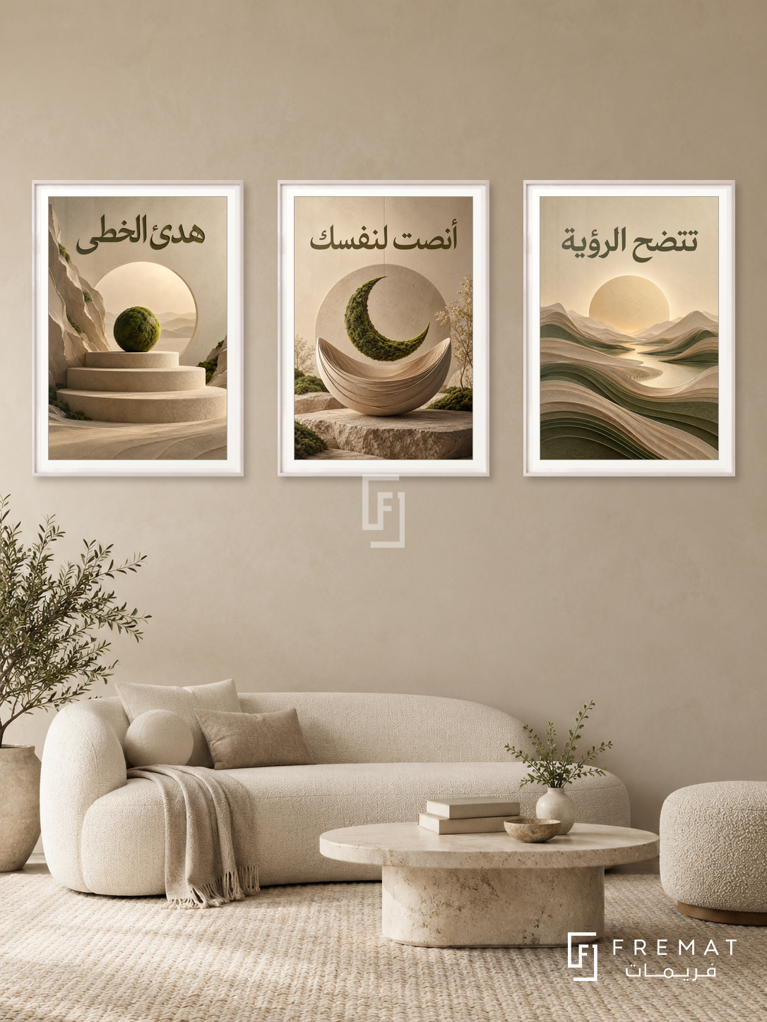 Space Within — set of three complementary quotes artworks in White frames, shown at 50×70 cm each.